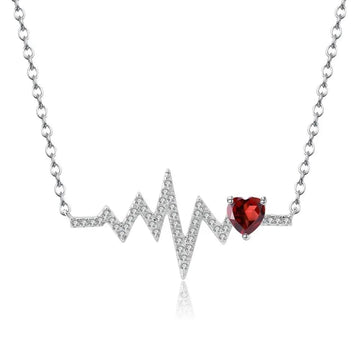 coco-alibaba Fine Fashion Jewelry-Necklace Garnet Heartbeat with Gemstone Heart Rhodium Plated Sterling Silver Necklace